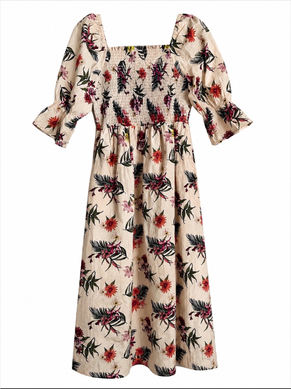 Kings Road floral smocked mini dress with Puff Sleeves beige sz s